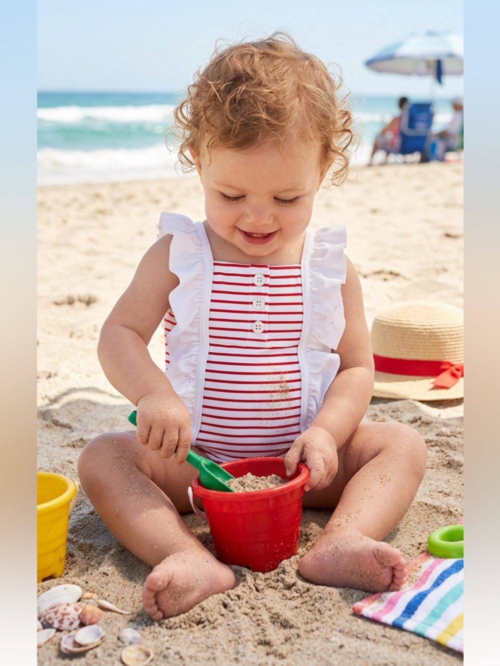 Janie and Jack Red & White Striped Ruffle One-Piece Swimsuit